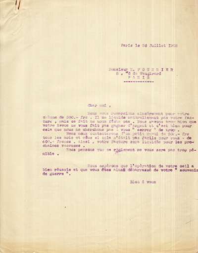 Lettre de l'Imprimerie Union à Marcel Fourrier, 26 juillet 1928