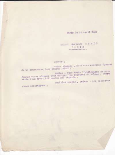 Lettre de l'Imprimerie Union, 23 avril 1930