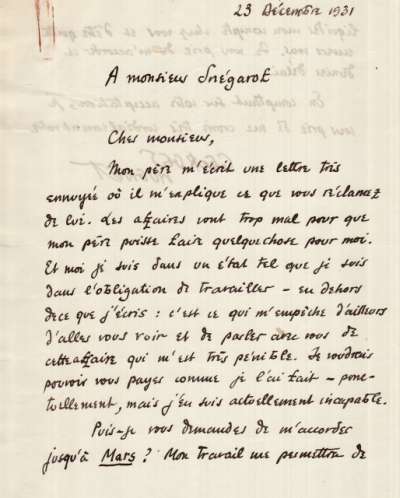 Lettre de Georges Hugnet à Dimitri Snégaroff, 23 décembre 1931, à propos du Droit de Varech, Edition de la Montagne. 1930