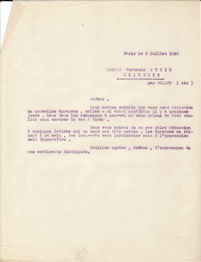 Lettre de l'Imprimerie Union, 2 juillet 1930