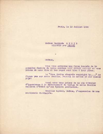 Lettre de l'Imprimerie Union, 12 juillet 1930
