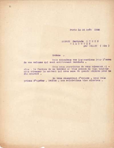 Lettre de l'Imprimerie Union, 26 août 1930