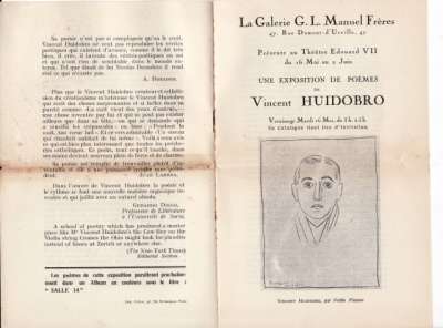 Catalogue de l'exposition de poèmes de Vincente Huidobro organisée du 16 mai au 2 juin 1922 par la Galerie G.L. Manuel Frères au Théâtre Edouard VII