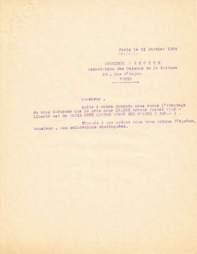 Association des Maisons de la Culture. Lettre du 31 janvier 1938