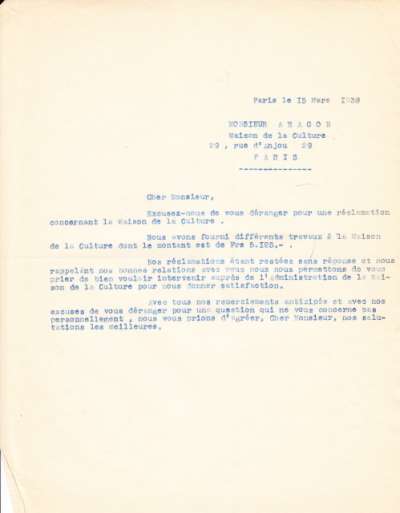 Association des Maisons de la Culture. Lettre du 15 mars 1939 adressée à Louis Aragon