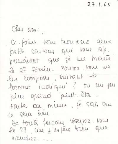 Lettre du 27 janvier 1965 de Françoise Gilot