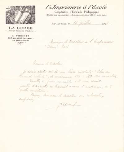 Lettre du 12 juillet 1928 de la Coopérative d'entraide pédagogique de Bar-Sur-Loup