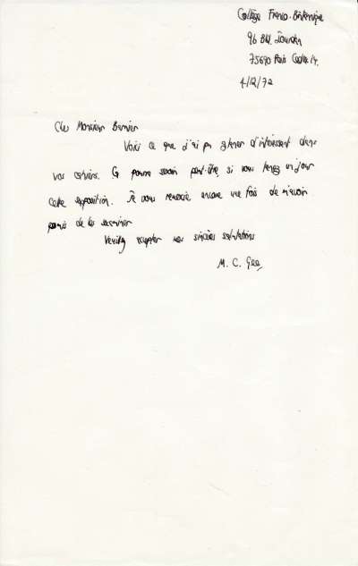 Lettre de M.C. Gee, Collège Franco-Britannique, 4 décembre 1972