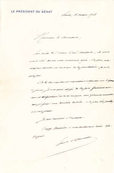 Lettre de Paul Doumer, Président du Sénat, 12 octobre 1928