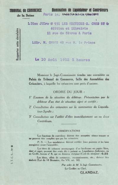 Lettre concernant la liquidation judiciaire des Editions G. Crès et Cie, 10 août 1932