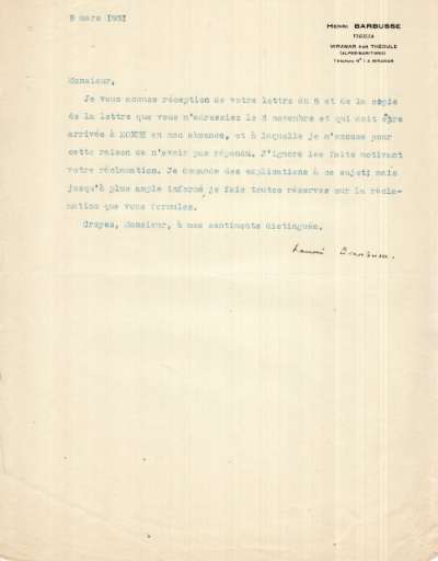 Lettre de Henri Barbusse, 9 mars 1931