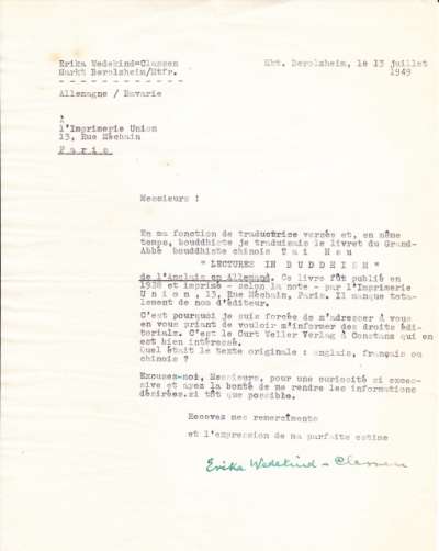Lettre Mme Wedekind-Classen concernant le livre Lectures in buddhism, 31 juillet 1949
