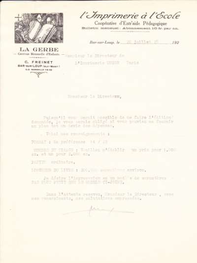 Lettre du 20 juillet 1928 adressée à Mr Freinet