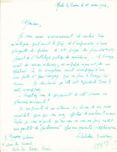 Lettre de Y. Mayoux pour l'impression d'un livre avec Yves Tanguy, 1er mars 1936