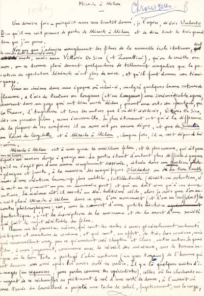 Manuscrit d'une chronique d'André Pyere de Mandiargues sur Miracle à Milan. S.D. Page 1