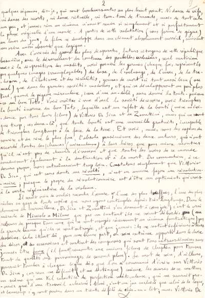 Manuscrit d'une chronique d'André Pyere de Mandiargues sur Miracle à Milan. S.D. Page 2