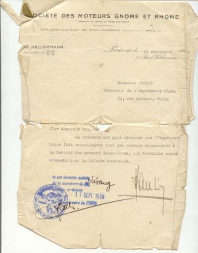 Lettre de la Société des Moteurs Gnome et Rhone à Volf Chalit, 11 septembre 1939