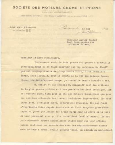 Lettre de Pierre Hamp à Xavier Vallat, Haut Commisaire aux Affaires juives, 28 mai 1941