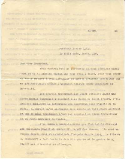 Lettre Pierre Hamp à Pierre Laval, 31 mai 1941