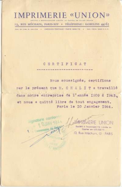 Certificat de travail délivré par l'Imprimerie Union à Volf Chalit, 10 janvier 1944