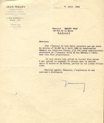 Lettre de Jean Maury à Volf Chalit, 7 avril 1942