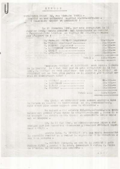 Etat social de l'Imprimerie Union au 31 décembre 1940