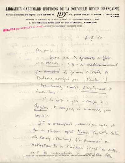 Lettre de Jacques Schiffrin, 5 février 1940