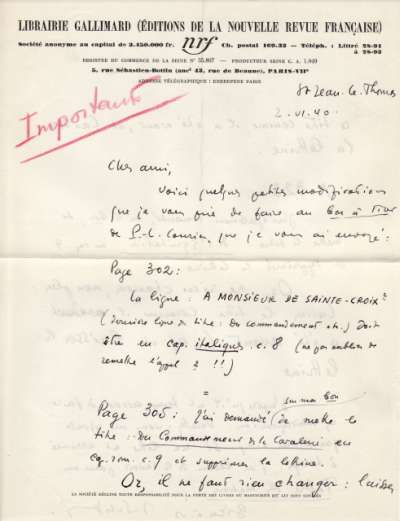 Lettre de Jacques Schiffrin, 2 juin 1940