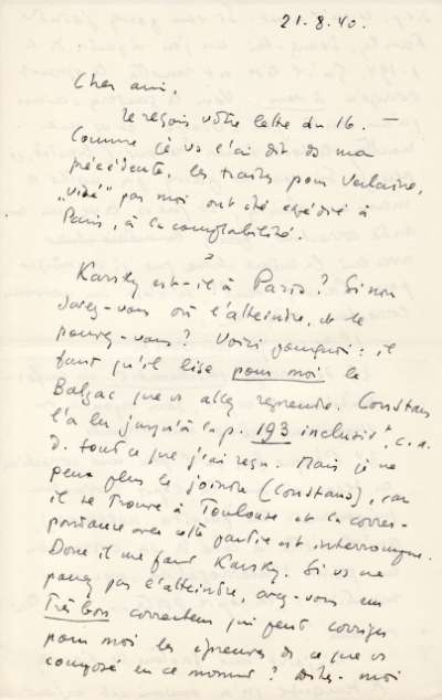  Lettre de Jacques Schiffrin, 21 août 1940
