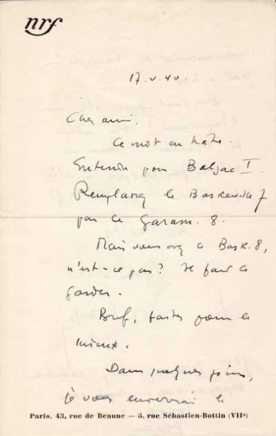Lettre de Jacques Schiffrin, 17 mai 1940
