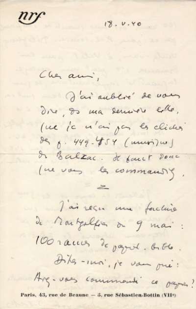 Lettre de Jacques Schiffrin, 18 mai 1940