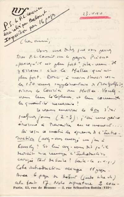 Lettre de Jacques Schiffrin, 23 mai 1940