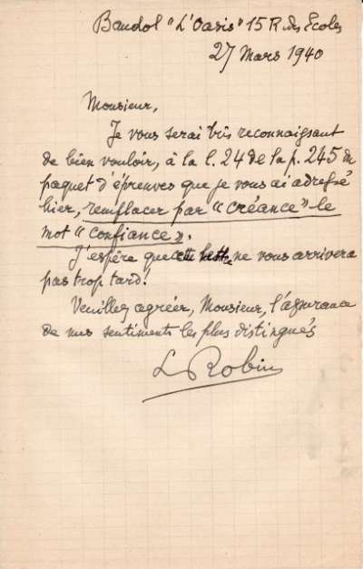 Lettre de Jacques Schiffrin, 27 mars 1940