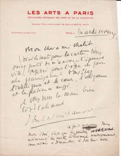 Lettre de Paul Guillaume à Volf Chalit, 14 mars 1933