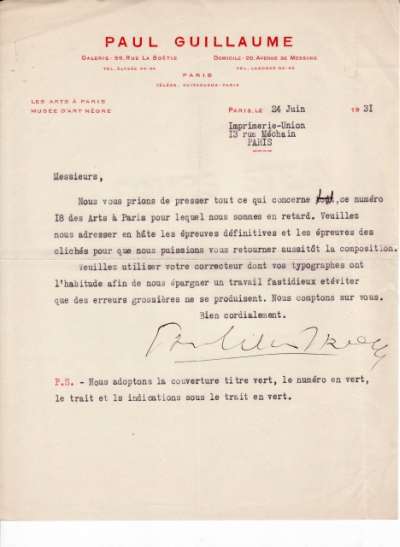 Lettre de Paul Guillaume, 24 juin 1931