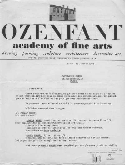 Lettre datée du 16 janvier 1938 de Ozenfant adressée à l'Imprimerie Union