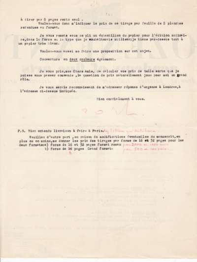 Lettre datée du 22 mars 1938 de Ozenfant adressée à l'Imprimerie Union