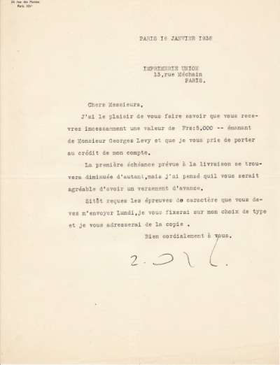 Lettre datée du 26 février 1938 de Ozenfant adressée à l'Imprimerie Union