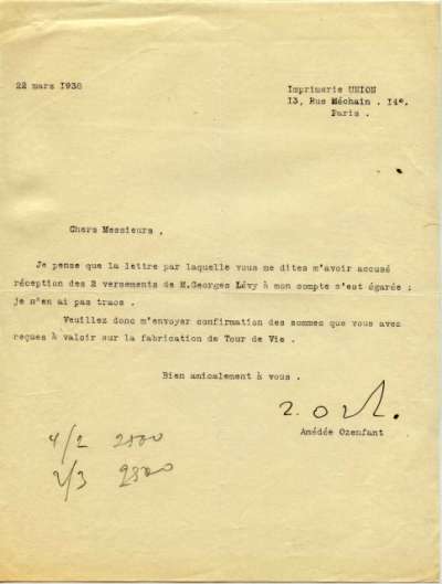 Lettre datée du 26 juillet 1936 de Ozenfant adressée à l'Imprimerie Union