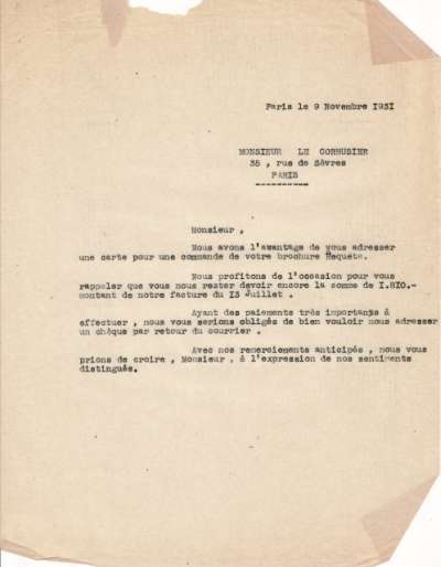 Lettre au Corbusier, 8 février 1932