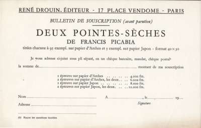 Bulletin de souscription pour Deux pointes-sèches de Francis Picabia. 21x13 cm