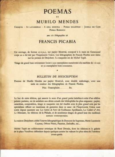 Bulletin de souscription pour Janela do Caos de Murilo Mendès illustré par Francis Picabia. 21x27 cm. Novembre 1949