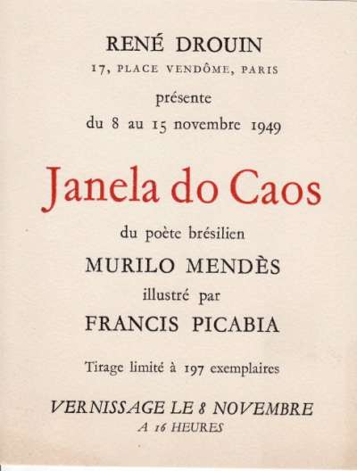 Carton pour l'exposition de Janela do Caos de Murilo Mendès illustré par Francis Picabia. Novembre 1949
