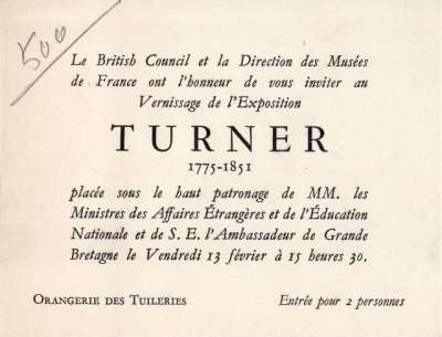 Carton pour le vernissage de l'exposition Turner à l'Orangerie des Tuilleries. 13,5x10,5 cm