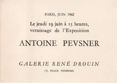 Carton d'invitation à l'exposition Pevsner, 14x10 cm, Juin 1947
