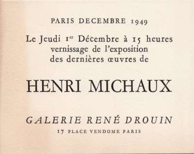 Carton d'invitation à l'exposition de Henri Michaux en Avril 1948. 13,5x10,5 cm