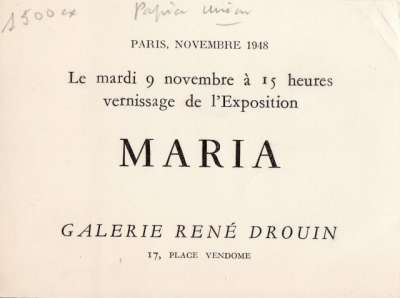 Carton d'invitation à l'exposition de Maria en Novembre 1948. 14x10,5 cm