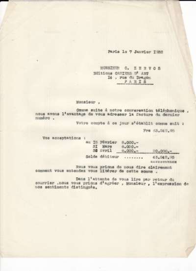 Relance de facture adressée à Christian Zervos datée du 7 janvier 1932