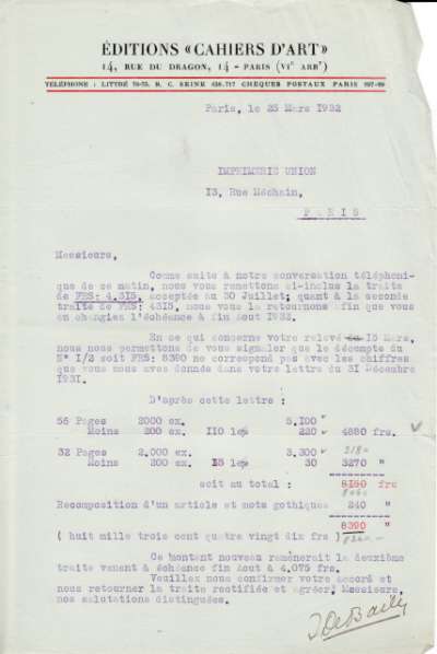 Remise de traite à l'Imprimerie Union datée du 25 mars 1932