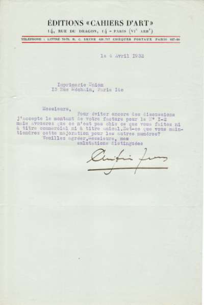 Acceptation de facture datée du 4 avril 1932 signée Christian Zervos